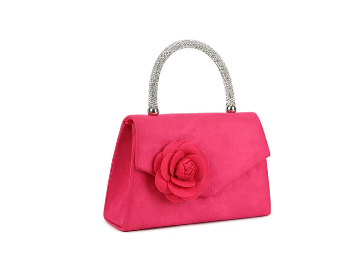 Rose Embellished Suede Effect Hand Bag - Fuchsia
