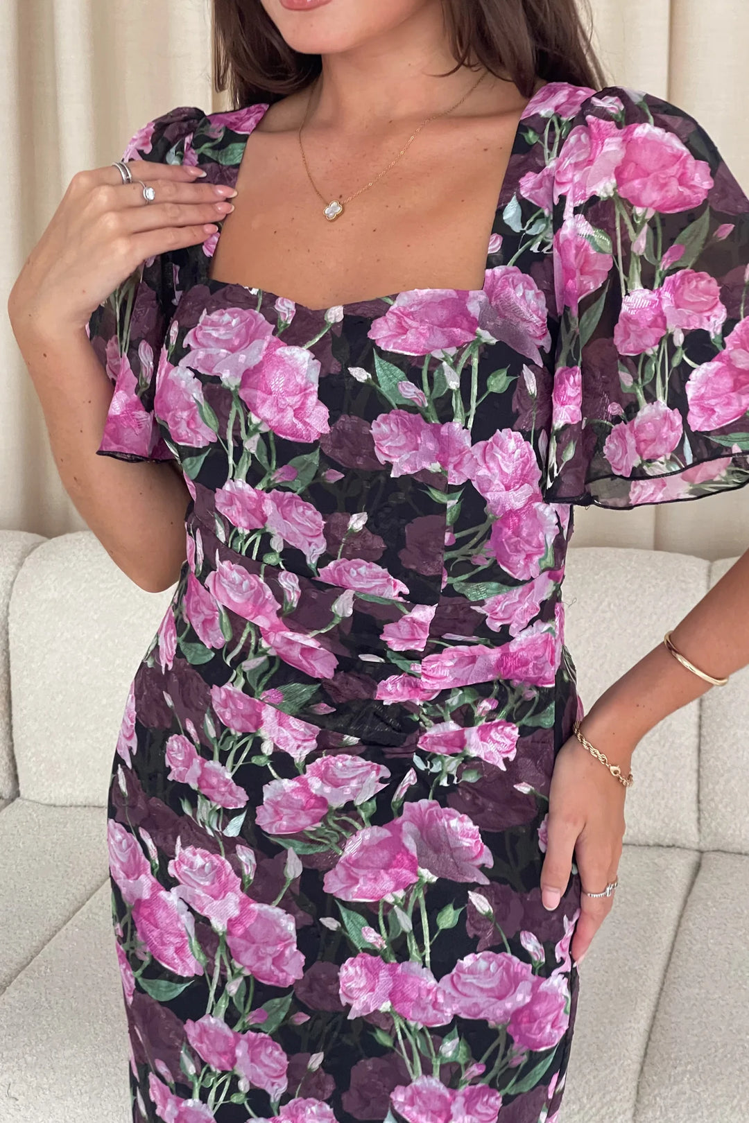 Heidi Black and Pink Floral Ruched Short Sleeve Midi Dress