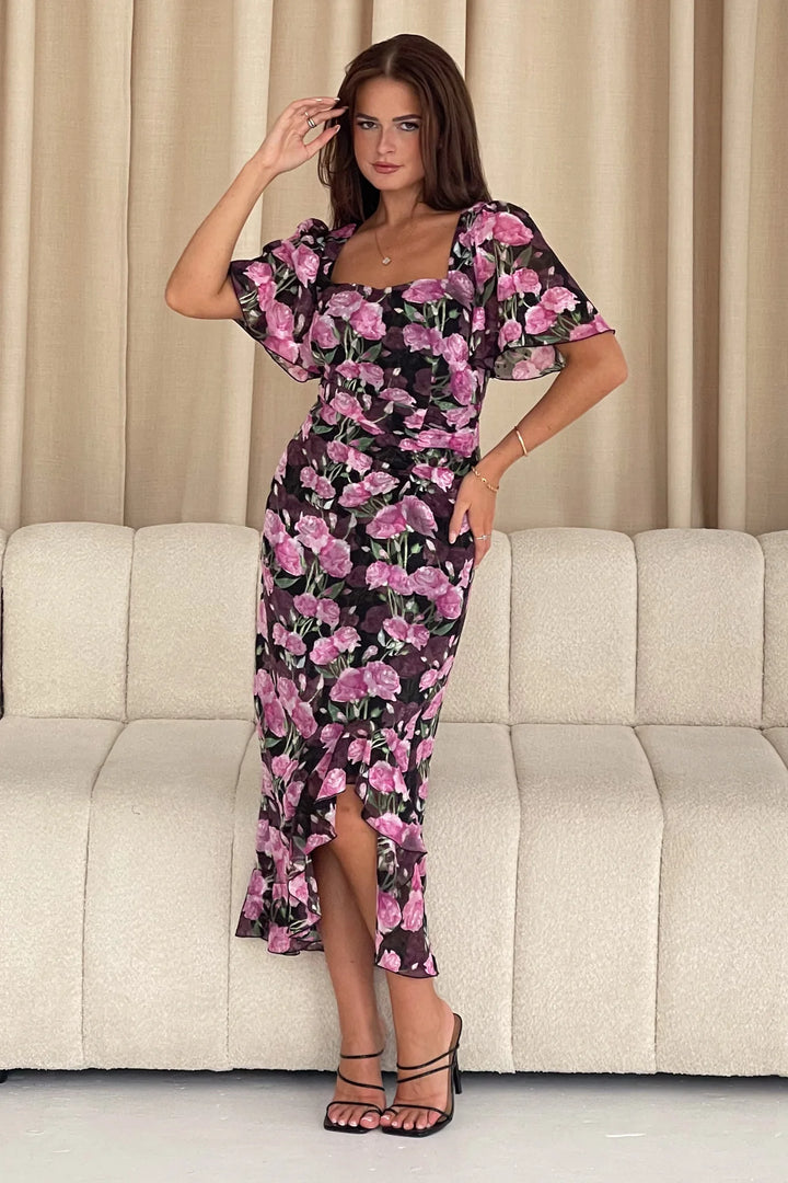 Heidi Black and Pink Floral Ruched Short Sleeve Midi Dress