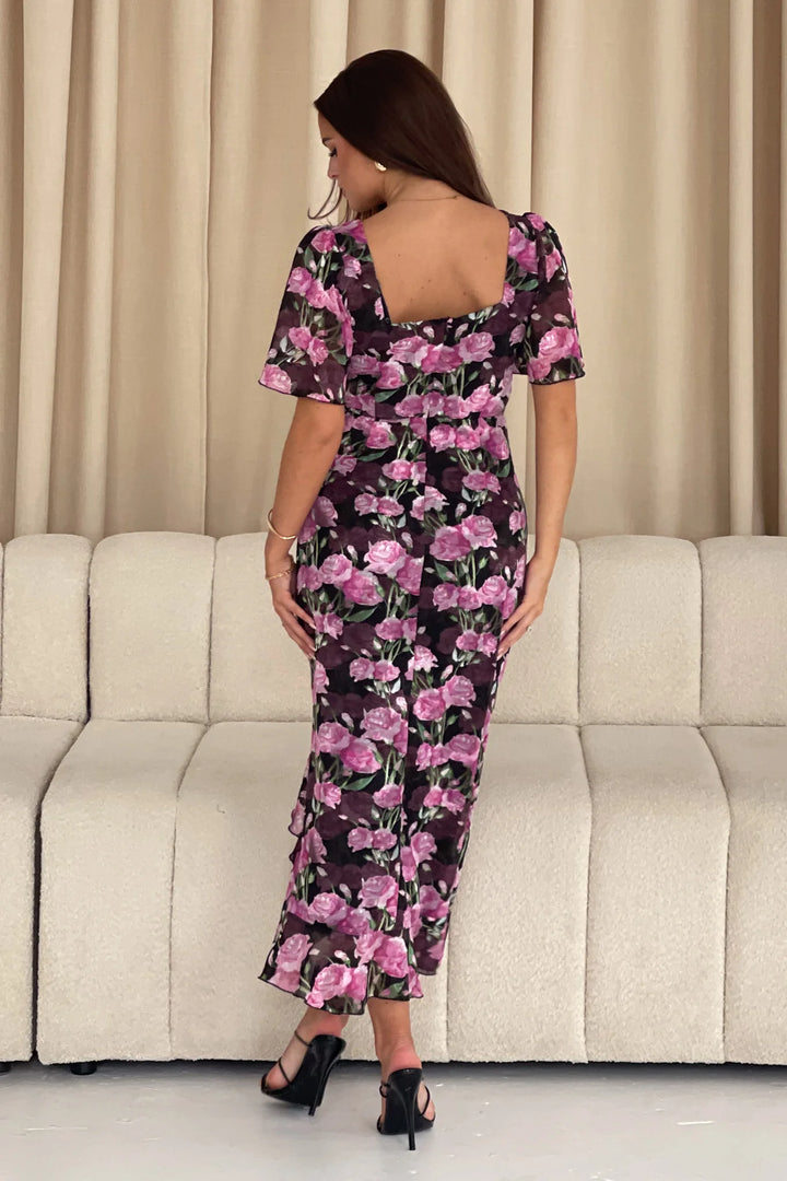 Heidi Black and Pink Floral Ruched Short Sleeve Midi Dress