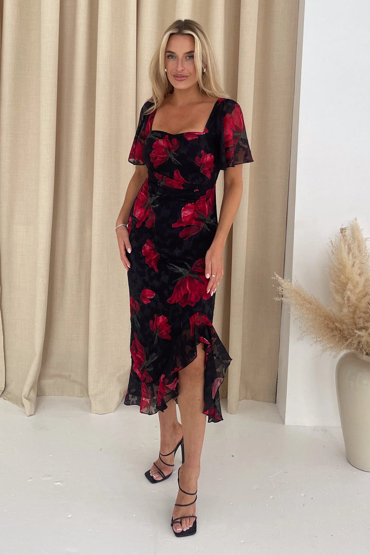 Heidi Black and Red Floral Ruched Short Sleeve Midi Dress