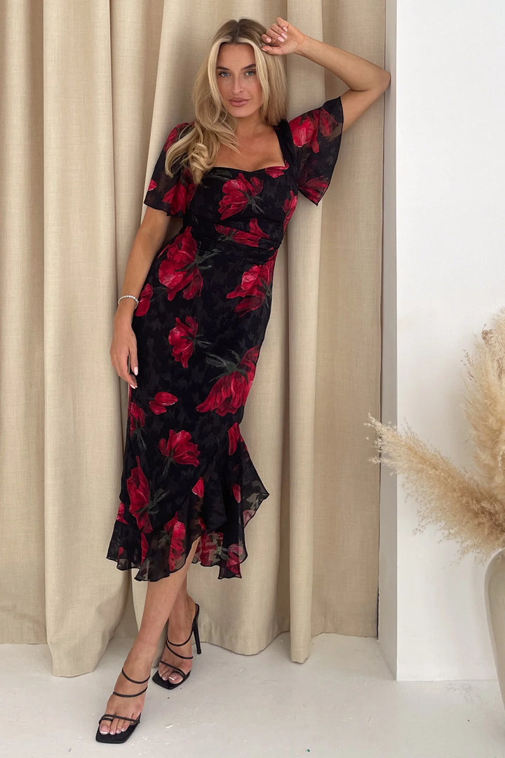 Heidi Black and Red Floral Ruched Short Sleeve Midi Dress