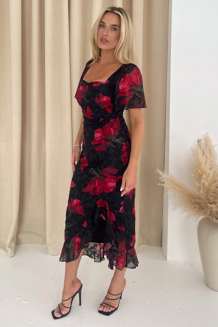 Heidi Black and Red Floral Ruched Short Sleeve Midi Dress