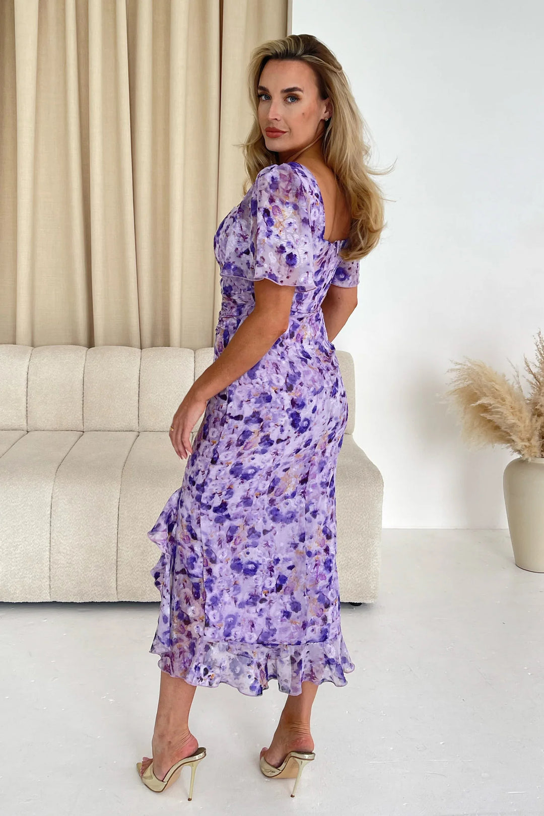 Heidi Lilac Floral Ruched Short Sleeve Midi Dress