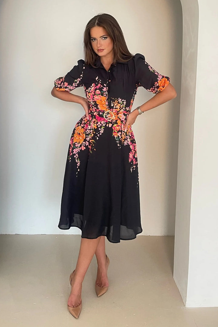 Holland Black Floral Short Sleeve Belted Midi Dress