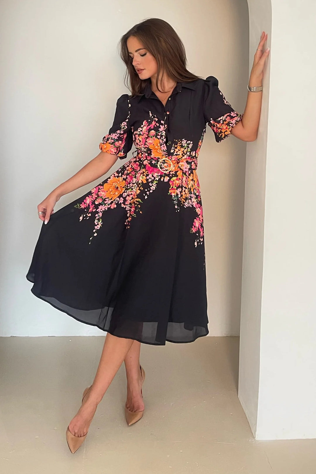 Holland Black Floral Short Sleeve Belted Midi Dress