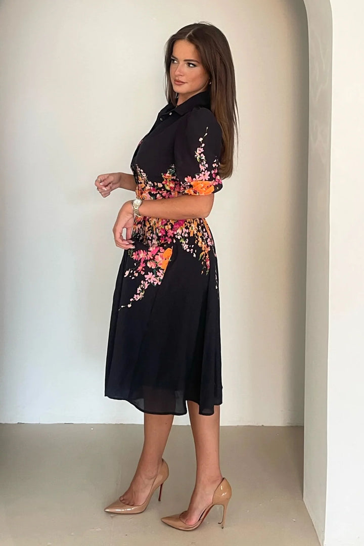 Holland Black Floral Short Sleeve Belted Midi Dress