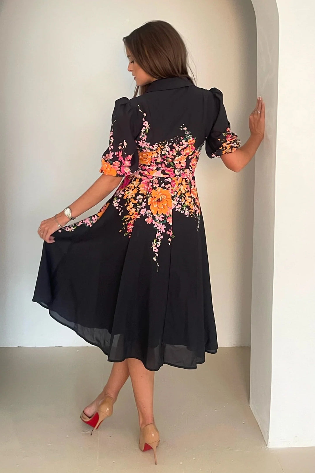 Holland Black Floral Short Sleeve Belted Midi Dress