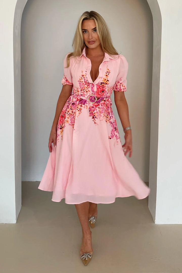 Holland Pink Floral Short Sleeve Belted Midi Dress