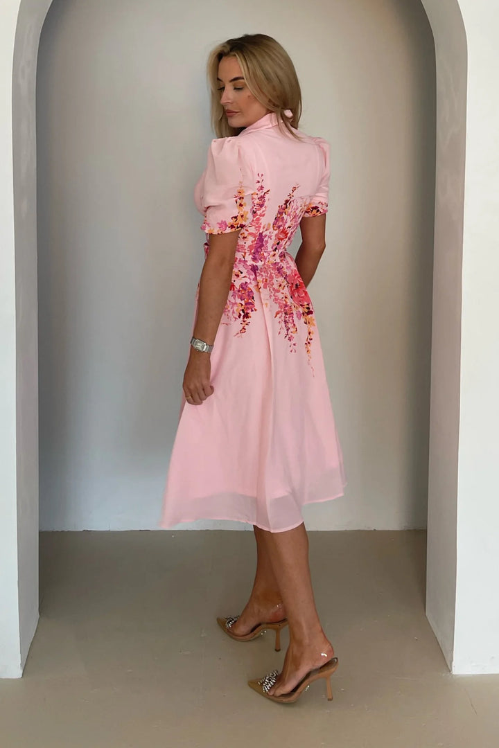 Holland Pink Floral Short Sleeve Belted Midi Dress