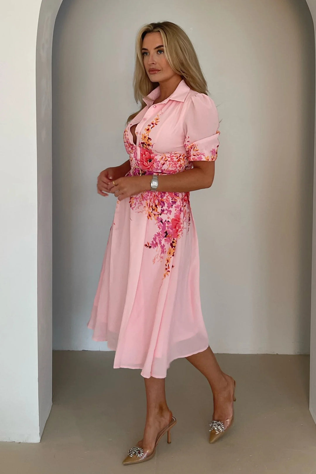 Holland Pink Floral Short Sleeve Belted Midi Dress