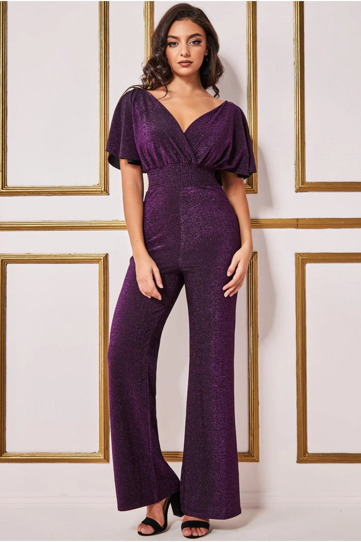 Hollie Purple Lurex Sparkly Wrap Top Angel Sleeve Jumpsuit