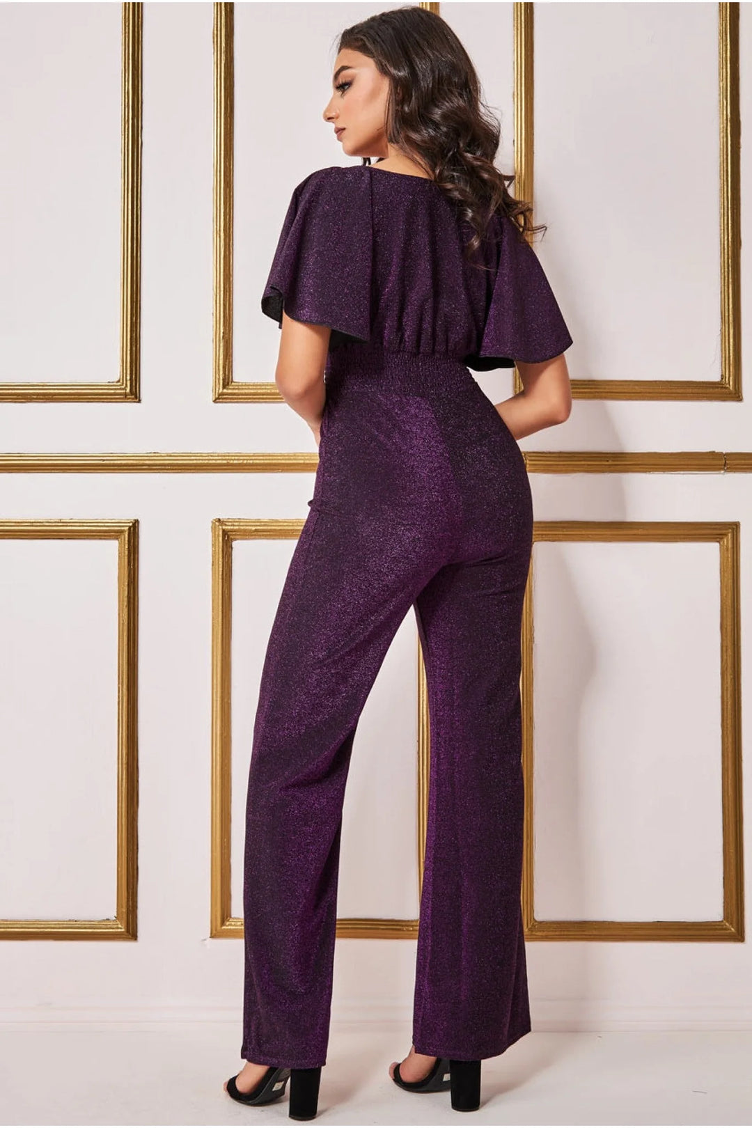 Hollie Purple Lurex Sparkly Wrap Top Angel Sleeve Jumpsuit