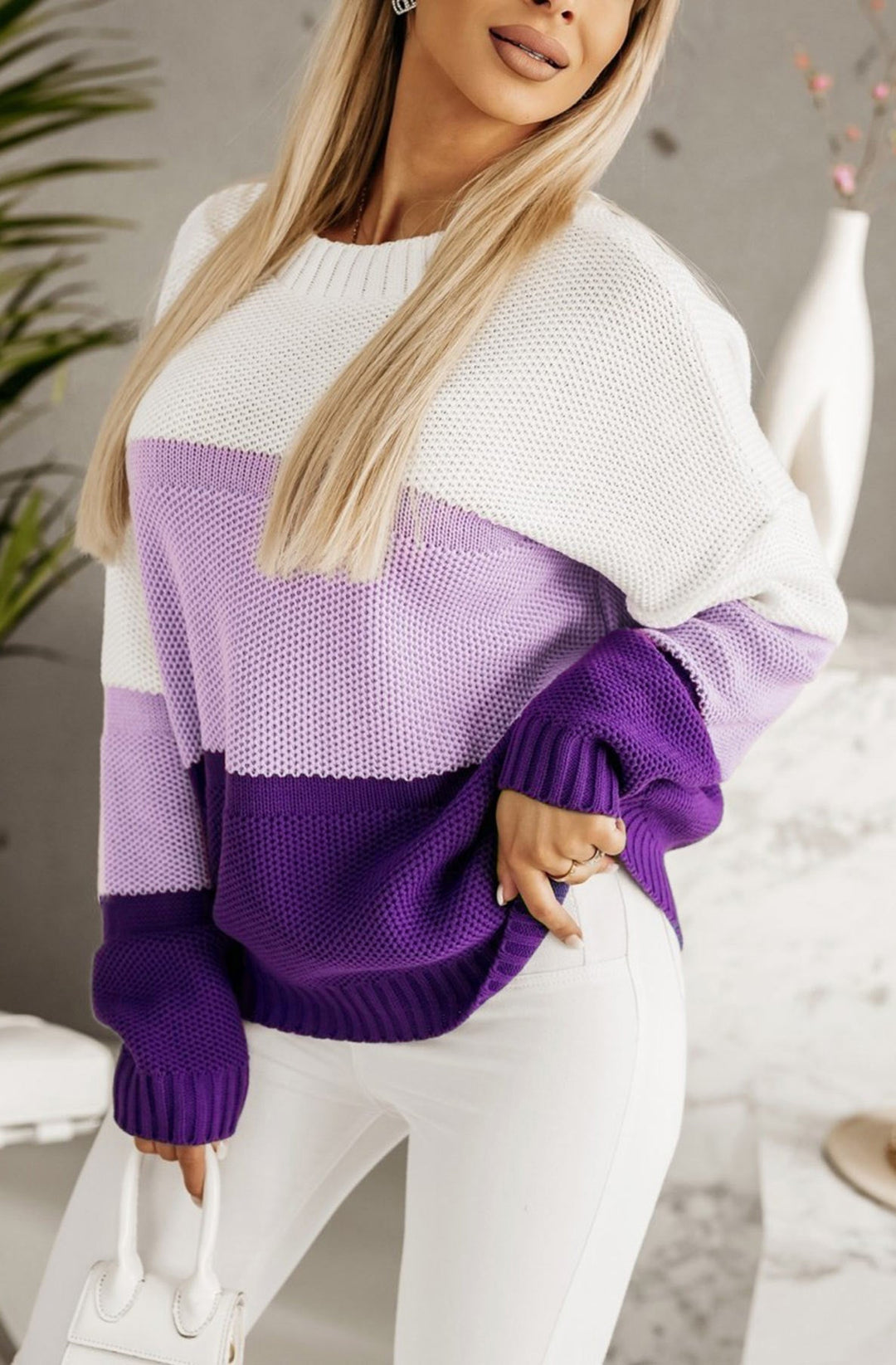Heidi Purple & White Colour Block Knitted Jumper