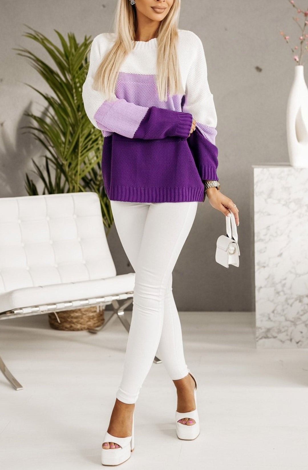 Heidi Purple & White Colour Block Knitted Jumper