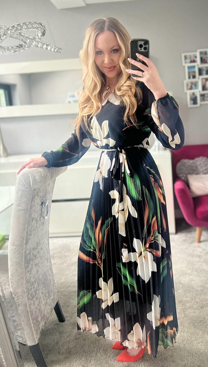 Elle Black Floral Chiffon Pleated Long Sleeve Maxi Dress