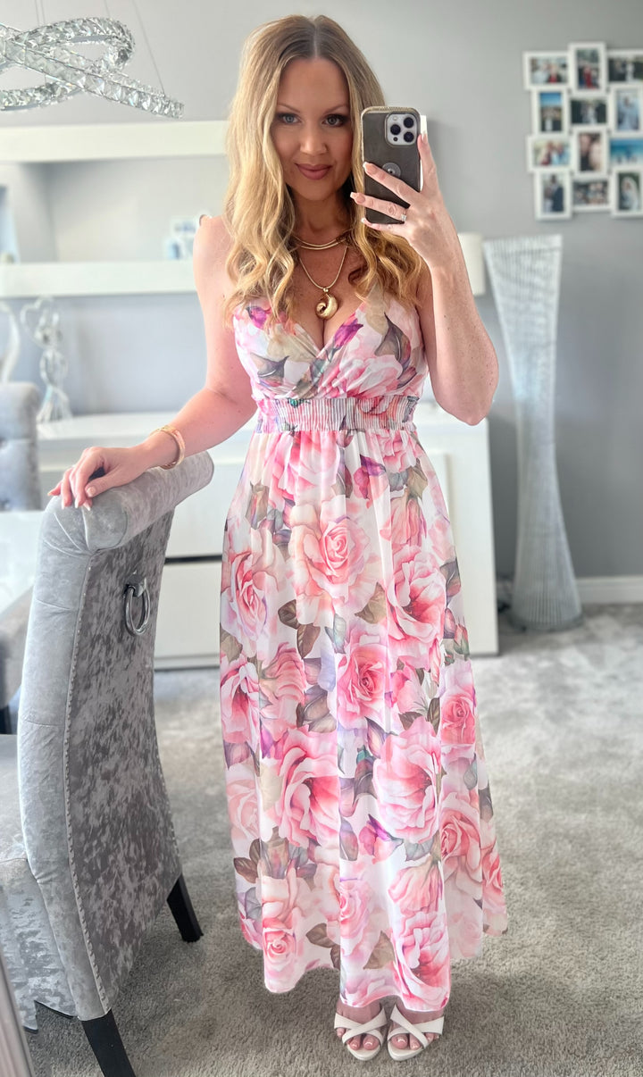 Kayleigh Pink Rose Print Cami Strap Shirred Maxi Dress