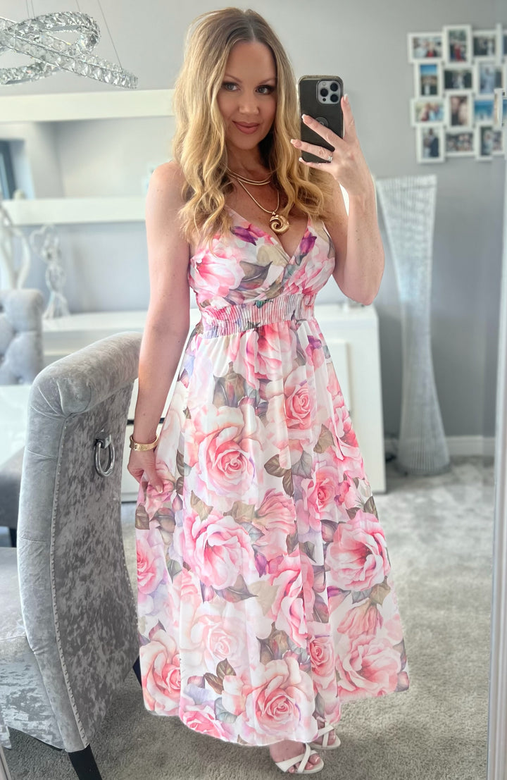 Kayleigh Pink Rose Print Cami Strap Shirred Maxi Dress