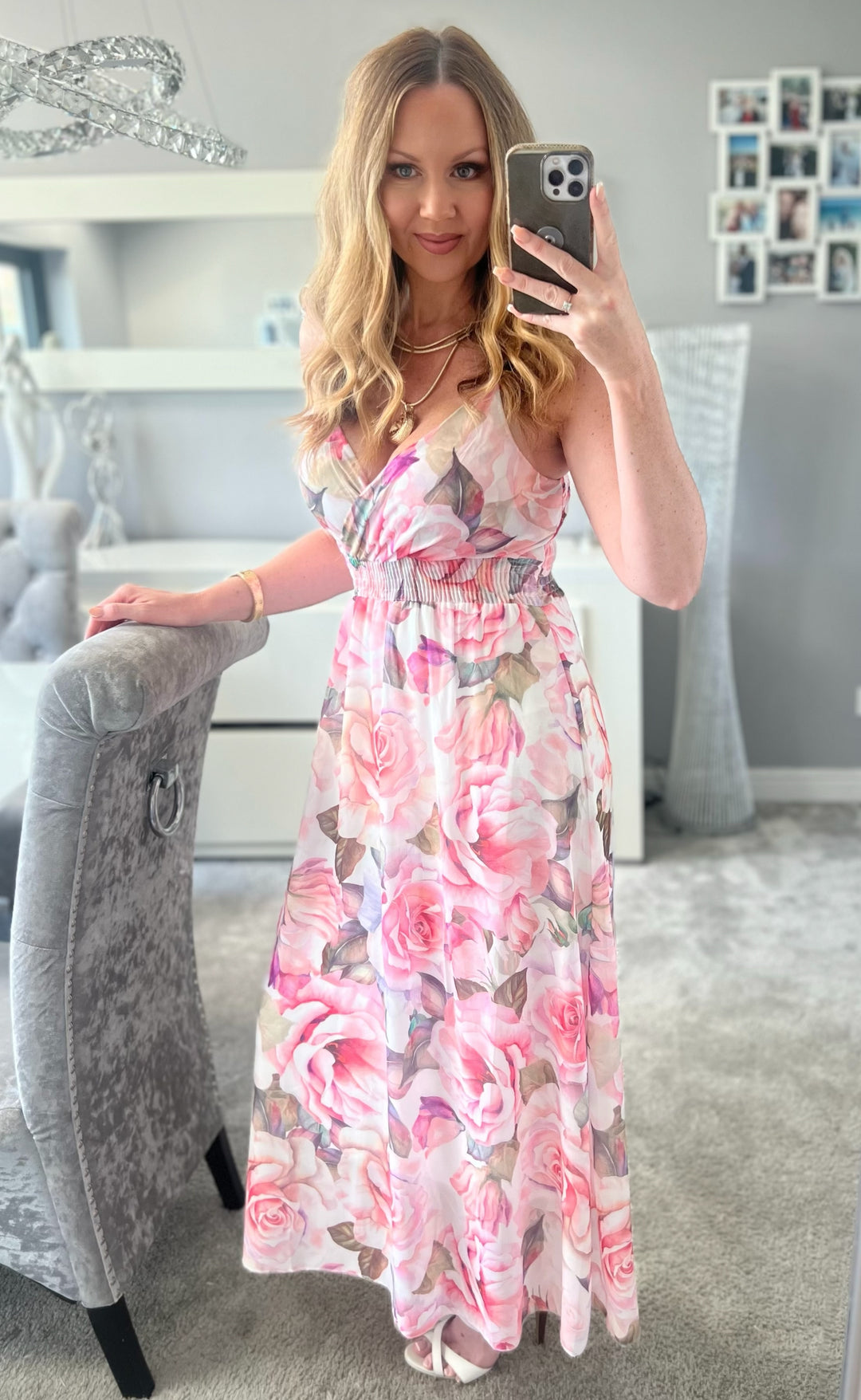 Kayleigh Pink Rose Print Cami Strap Shirred Maxi Dress