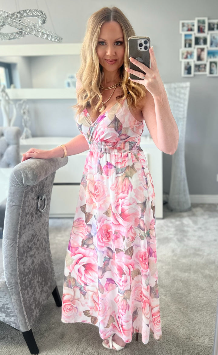 Kayleigh Pink Rose Print Cami Strap Shirred Maxi Dress