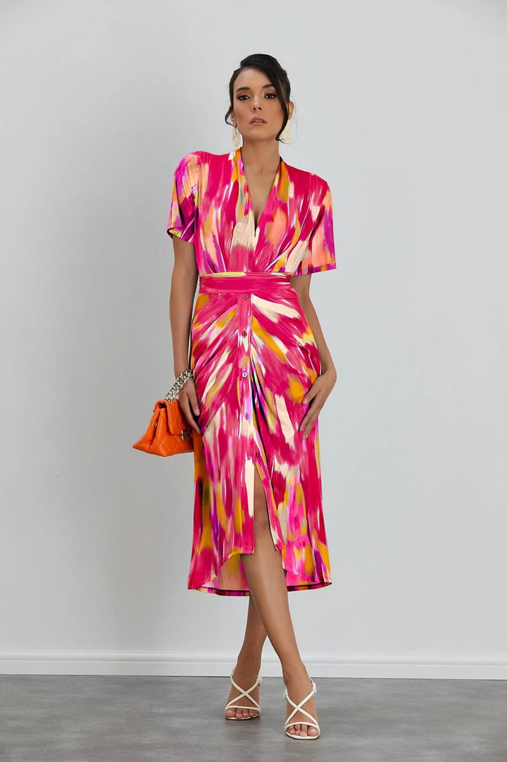 Taylor Pink Abstract Short Sleeve Half Shirt Dress