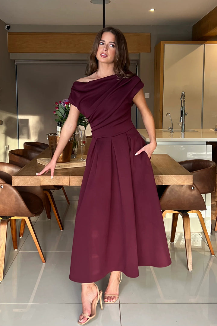 Betty Burgundy Plum Asymmetric Neckline Skater Maxi Dress With Pockets