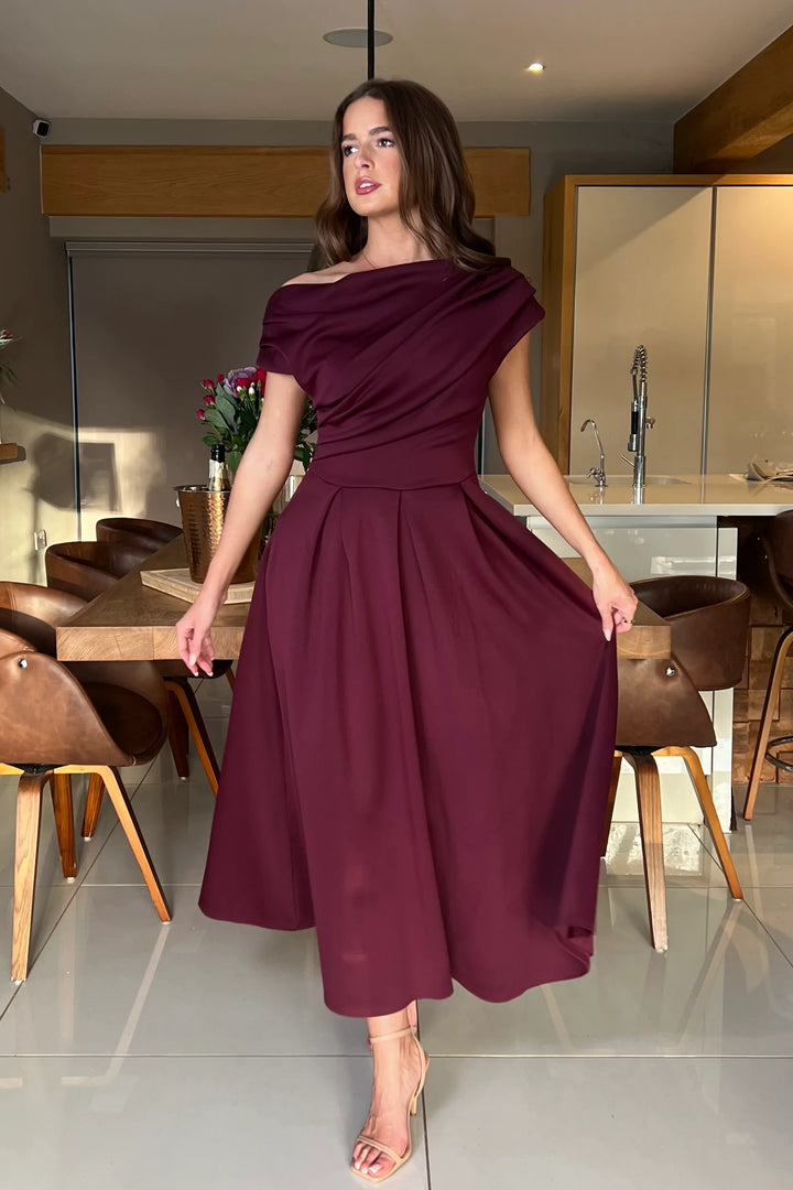 Betty Burgundy Plum Asymmetric Neckline Skater Maxi Dress With Pockets
