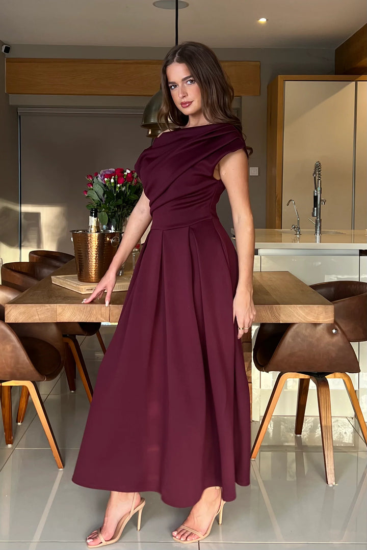 Betty Burgundy Plum Asymmetric Neckline Skater Maxi Dress With Pockets