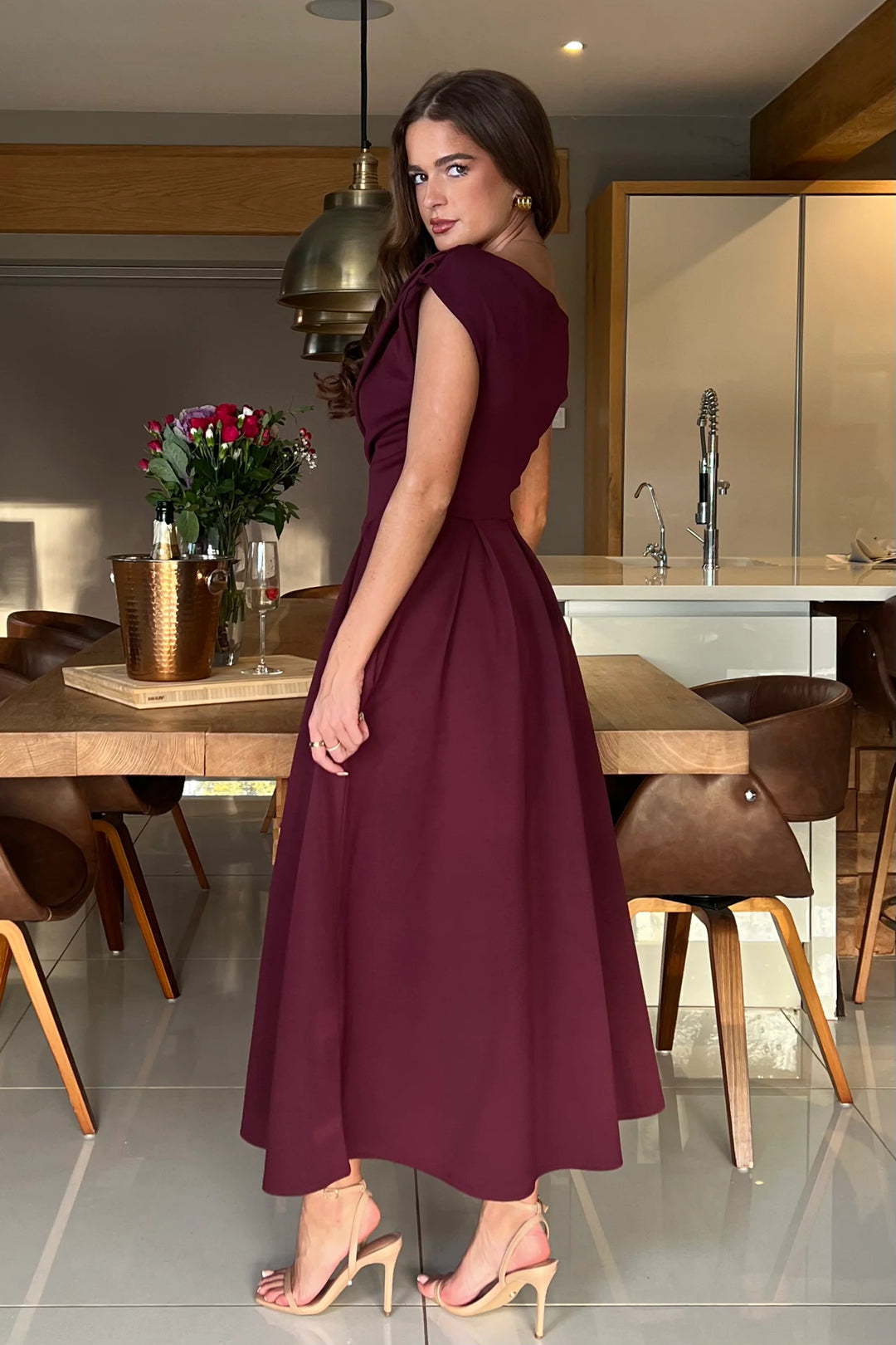Betty Burgundy Plum Asymmetric Neckline Skater Maxi Dress With Pockets