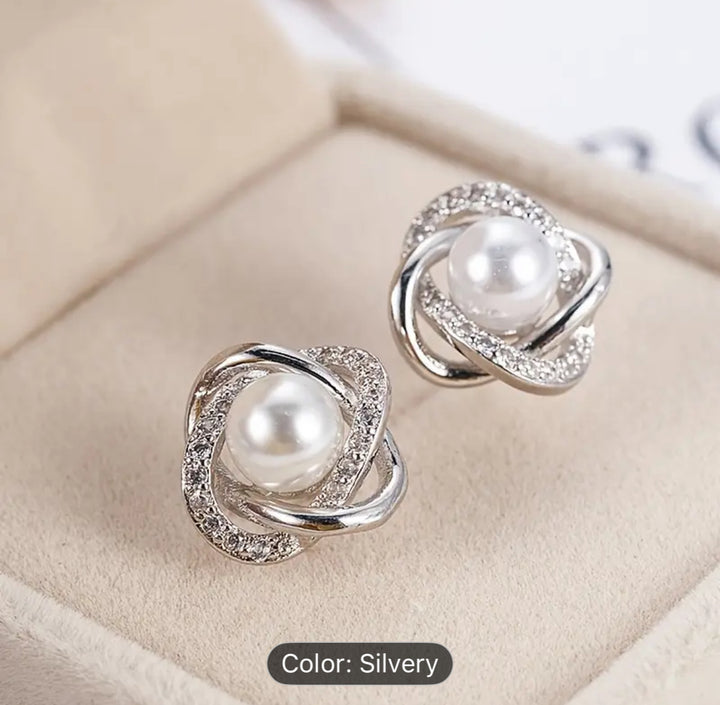 Pearl Stud Diamante Earrings in Silver