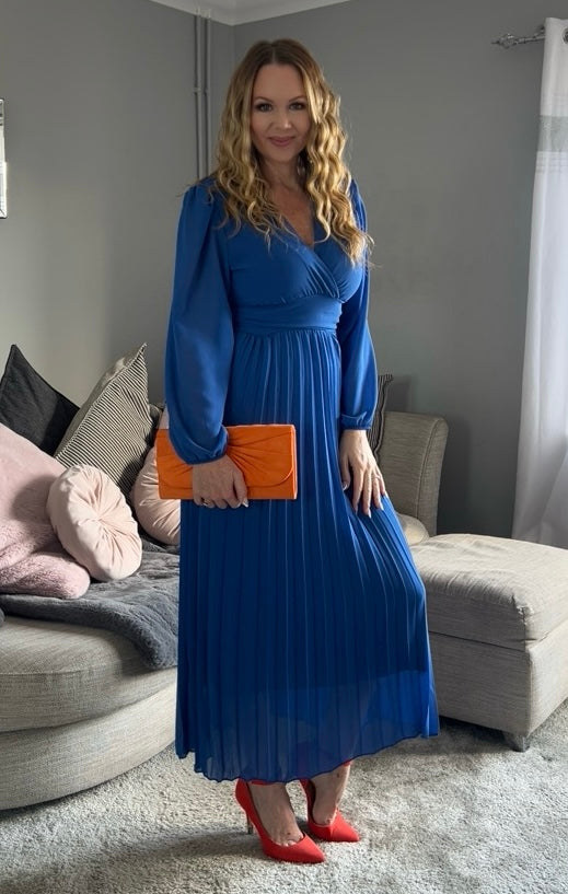 Kirsty Cobalt Blue Banded Pleated Long Sleeve Maxi Dress