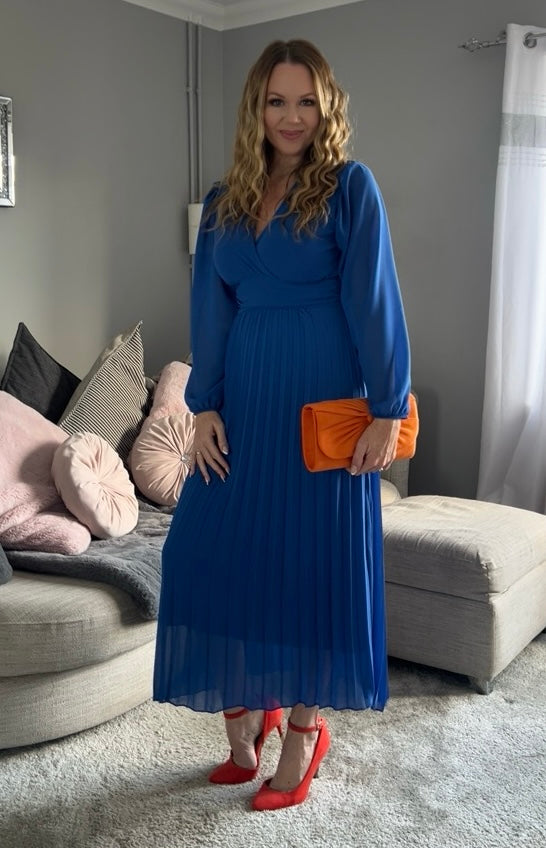 Kirsty Cobalt Blue Banded Pleated Long Sleeve Maxi Dress
