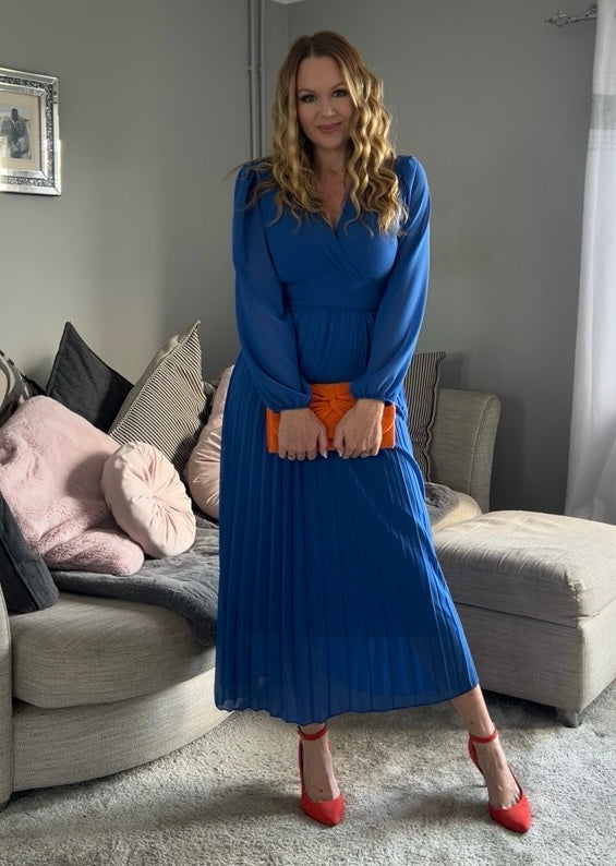 Kirsty Cobalt Blue Banded Pleated Long Sleeve Maxi Dress
