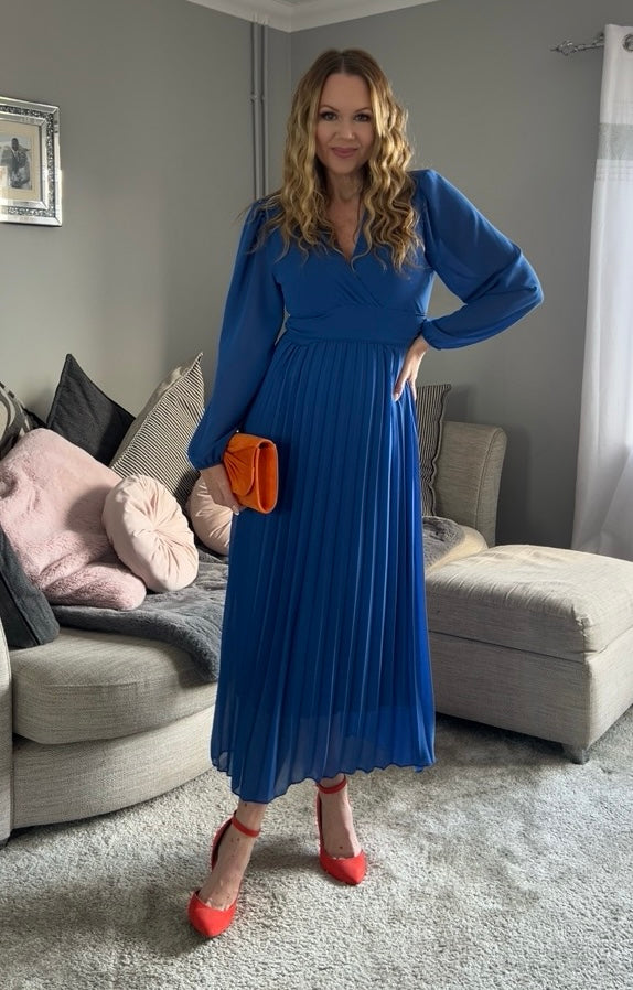 Kirsty Cobalt Blue Banded Pleated Long Sleeve Maxi Dress
