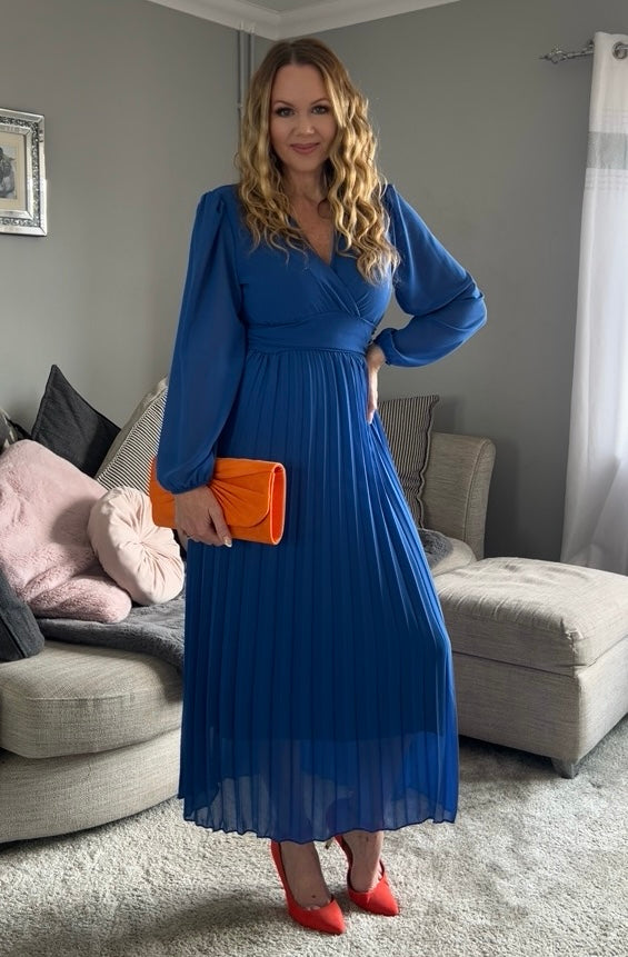 Kirsty Cobalt Blue Banded Pleated Long Sleeve Maxi Dress