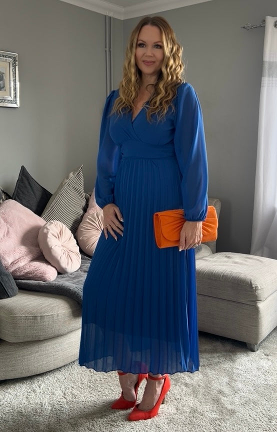 Kirsty Cobalt Blue Banded Pleated Long Sleeve Maxi Dress
