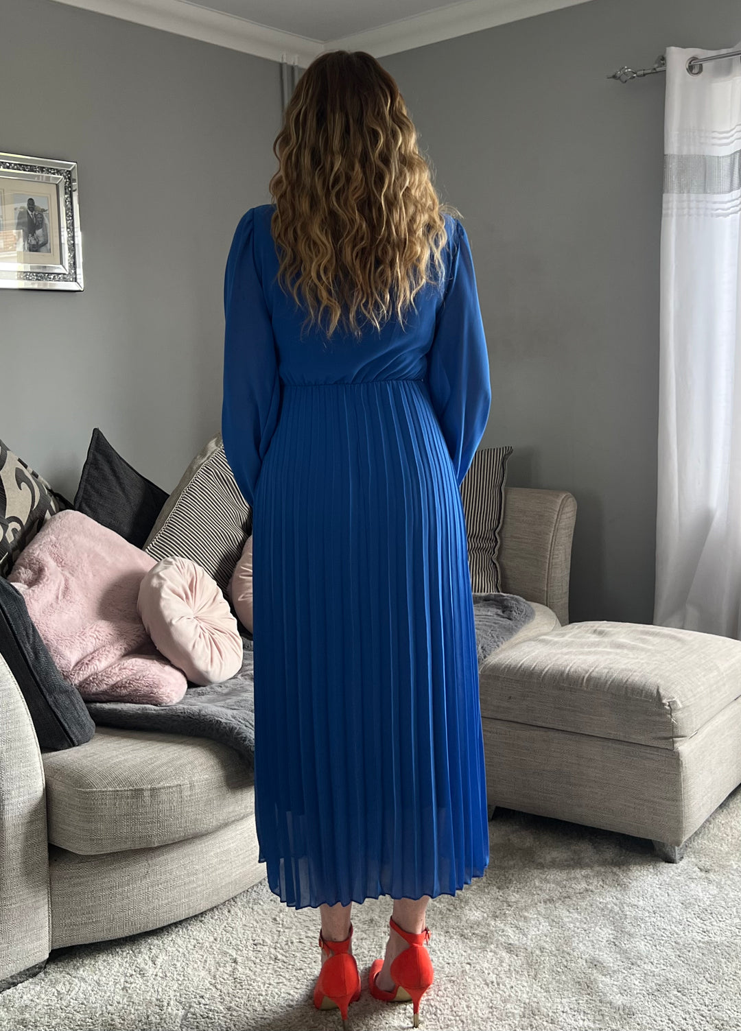 Kirsty Cobalt Blue Banded Pleated Long Sleeve Maxi Dress