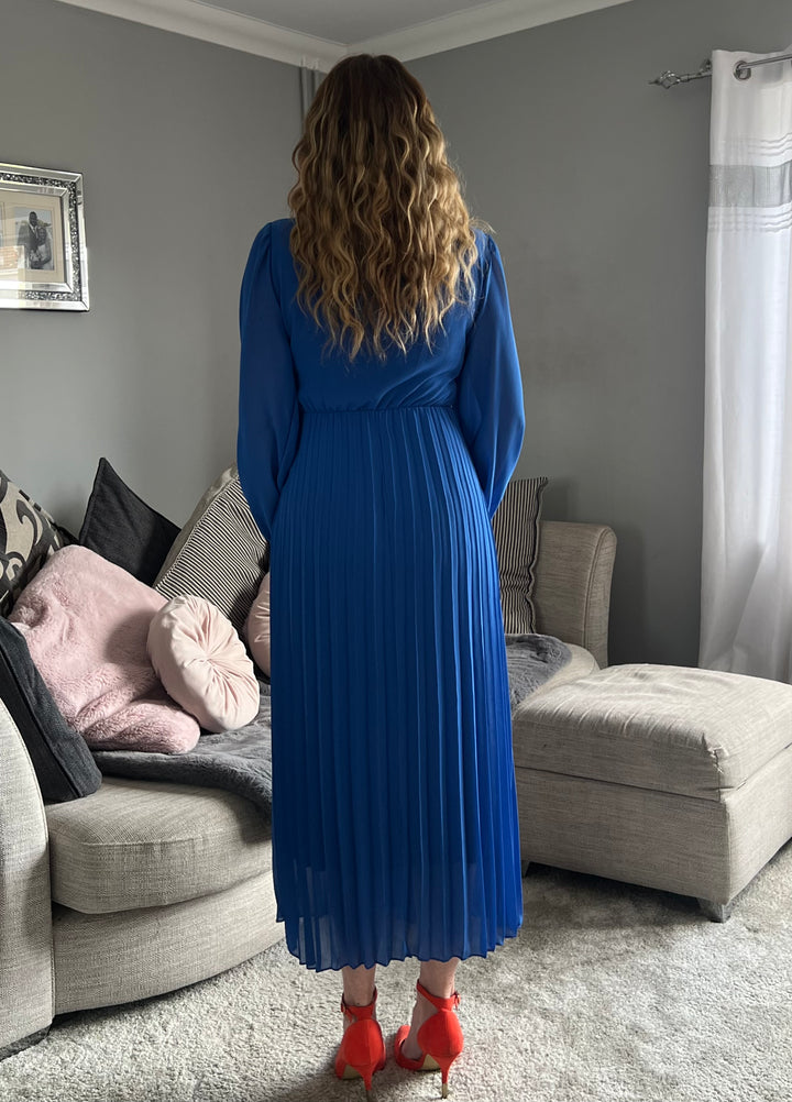 Kirsty Cobalt Blue Banded Pleated Long Sleeve Maxi Dress