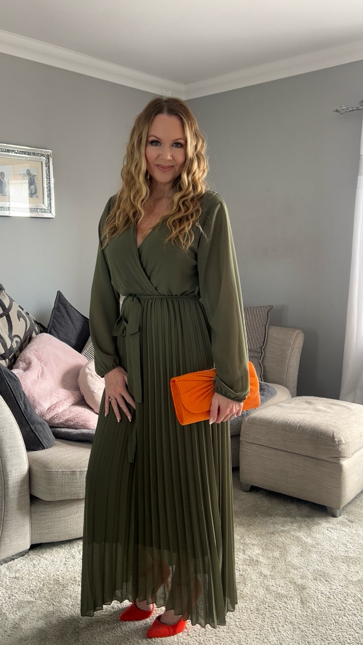 Amalfi Coast Khaki Chiffon Long Sleeve Pleated Belted Maxi Dress