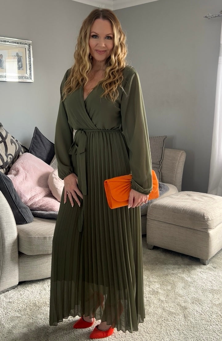 Amalfi Coast Khaki Chiffon Long Sleeve Pleated Belted Maxi Dress