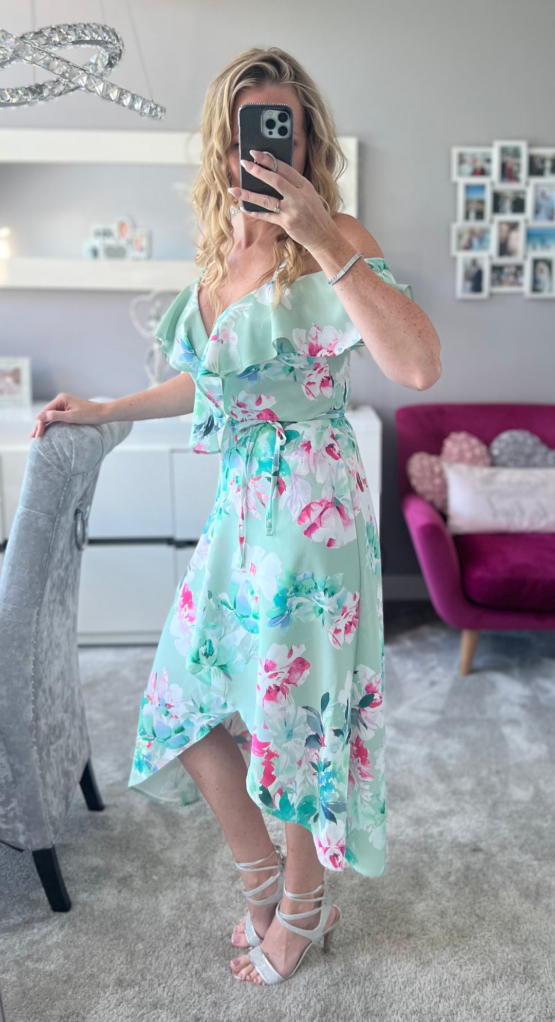 Mint green dress with flowers online