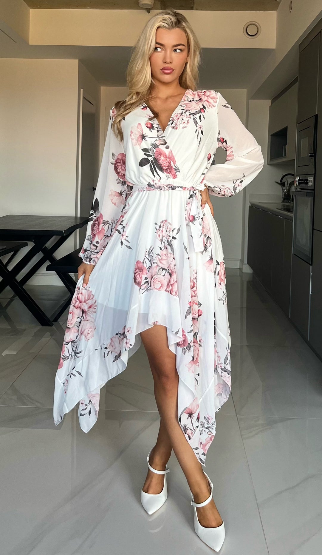 Dream Girl White Floral Waterfall Hem Chiffon Midi Dress