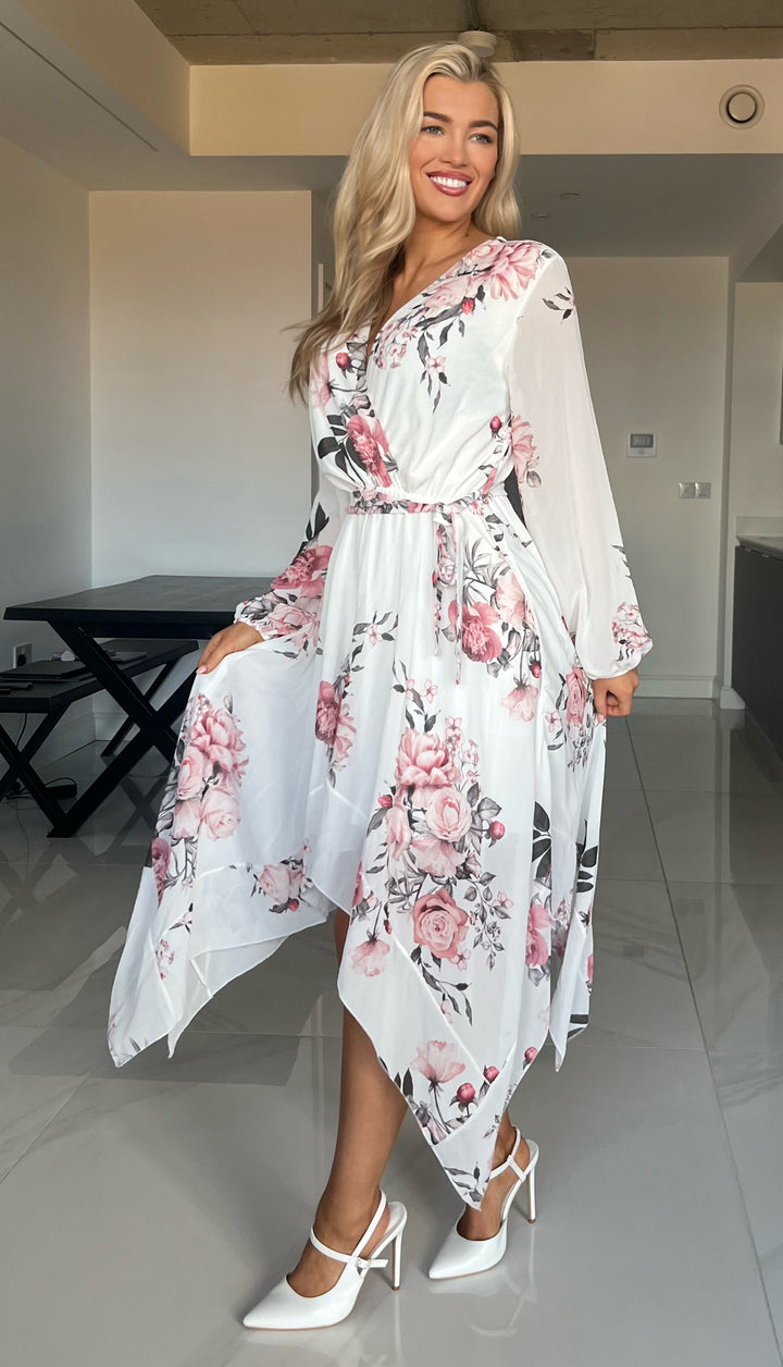 Dream Girl White Floral Waterfall Hem Chiffon Midi Dress