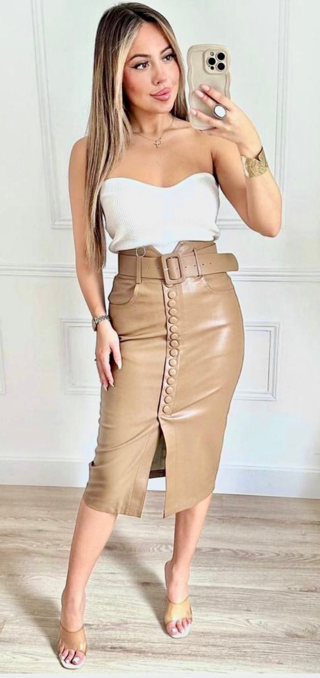 Amala Camel Faux Leather High Waisted Belted Stretchy Midi Skirt