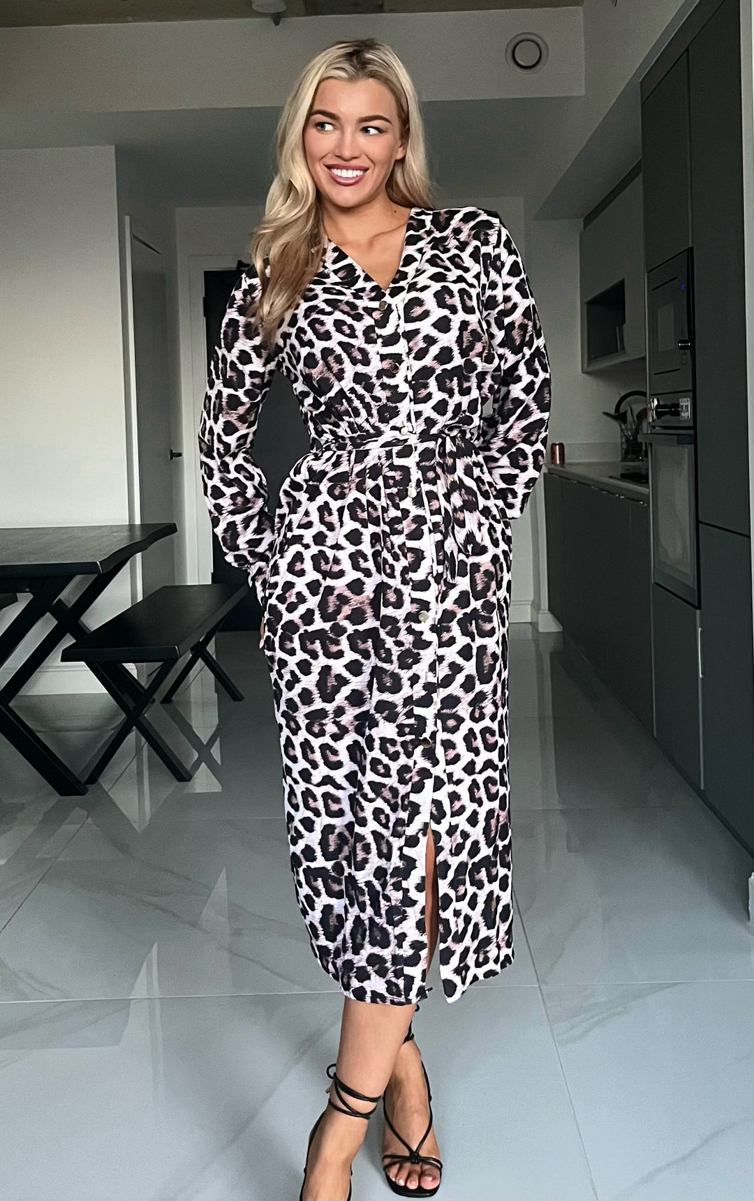 cream animal print dress Zebra Print Long Sleeve Mini Dress-Cream/Brown M