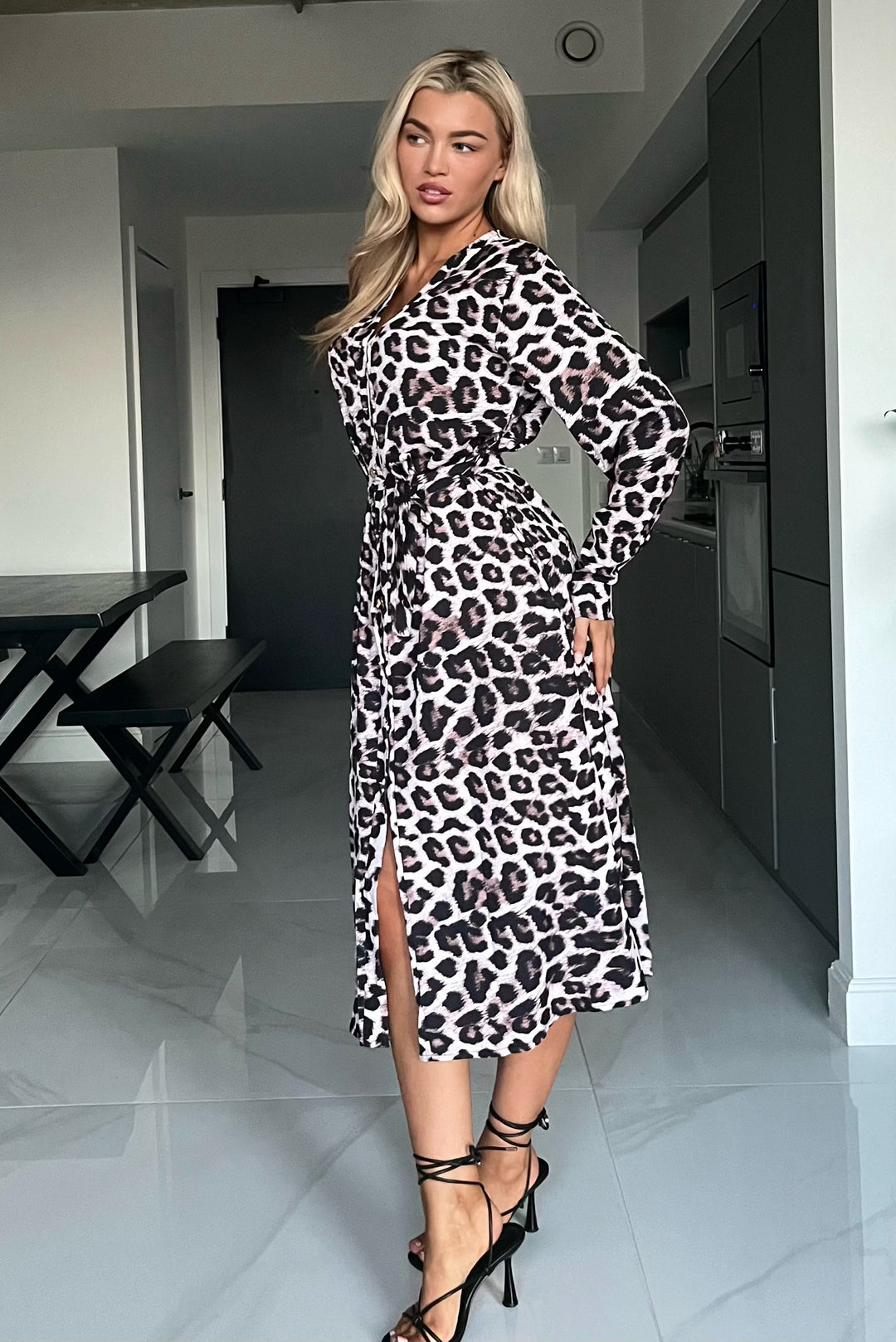 Bryony Cream Leopard Print Belted Long Sleeve Midi Shirt Dress