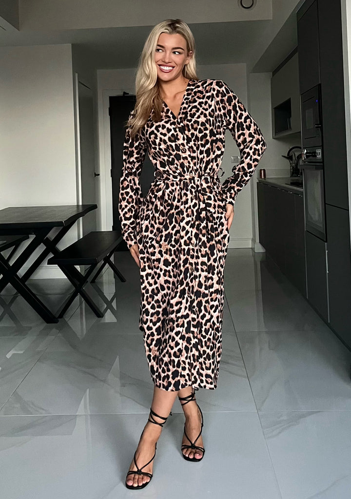 Bryony Brown Leopard Print Belted Long Sleeve Midi Shirt Dress