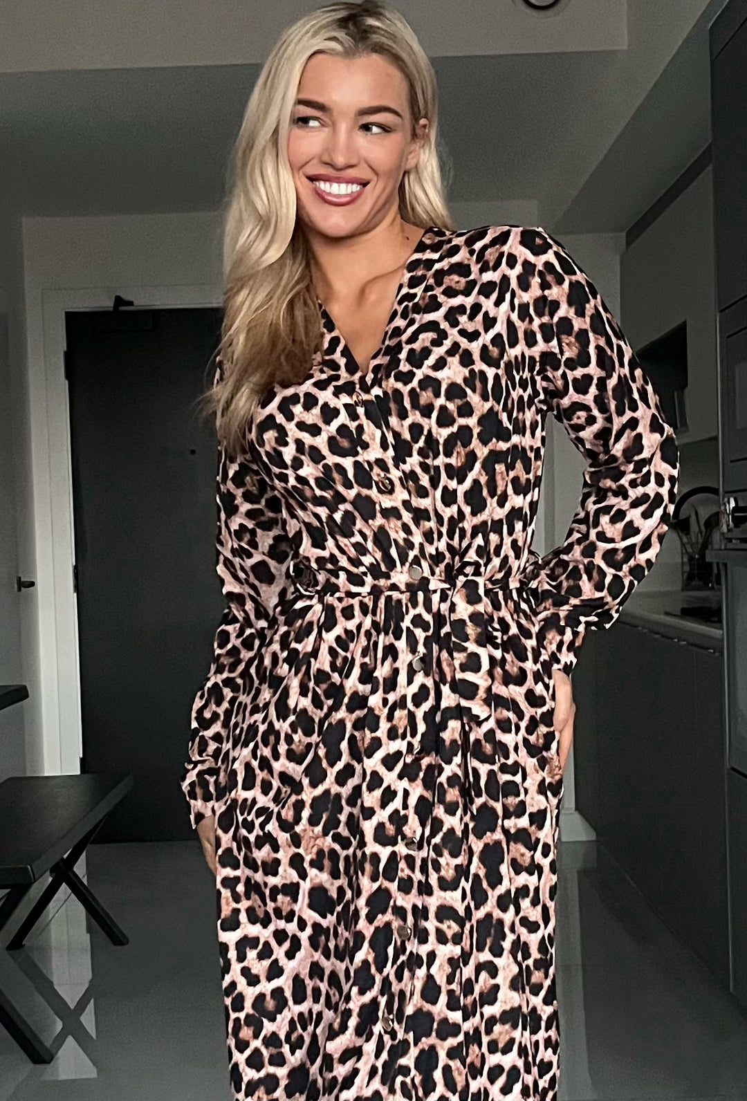 Bryony Brown Leopard Print Belted Long Sleeve Midi Shirt Dress