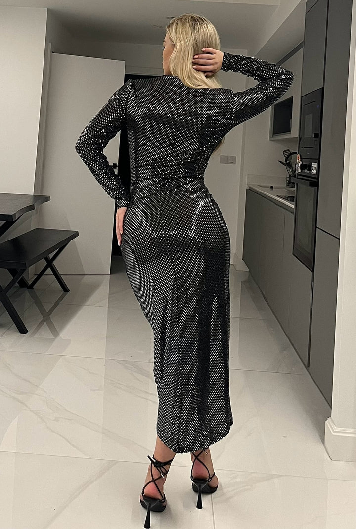 A Touch Of Class Black & Silver Sequin Long Sleeve Bodycon Wrap Midi Dress