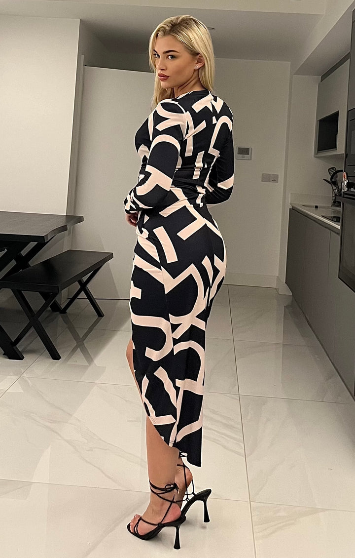 A Touch Of Class Black Letter Print Long Sleeve Bodycon Wrap Midi Dress